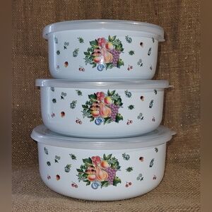 Enameled‎ Stainless Steel Mixing / Serving Bowl Set 3 W Lids Fruit Motif Pattern